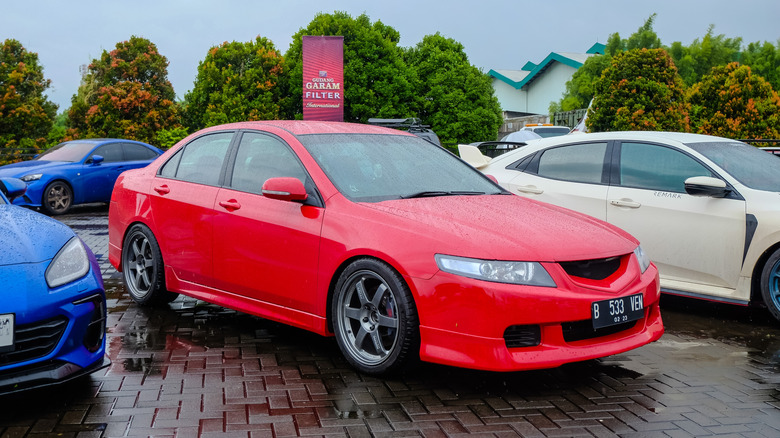 Bandung Indonesia january 28 2023 red Honda Accord Euro R on JDM fest parking lot