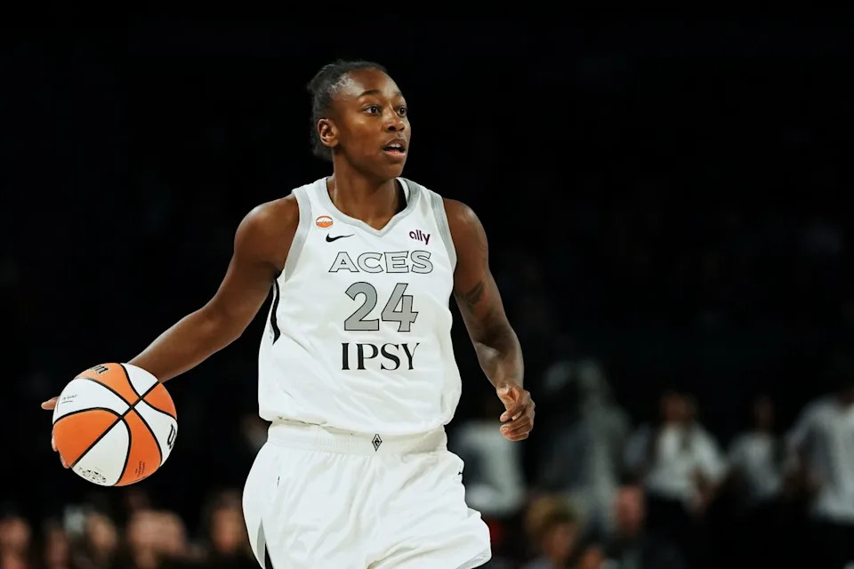 Las Vegas Aces guard Jewell Loyd (24) takes the ball down the court during first half of WNBA preseason game on Sunday April 26, 2026 at Michelob Ultra Arena in Las Vegas.