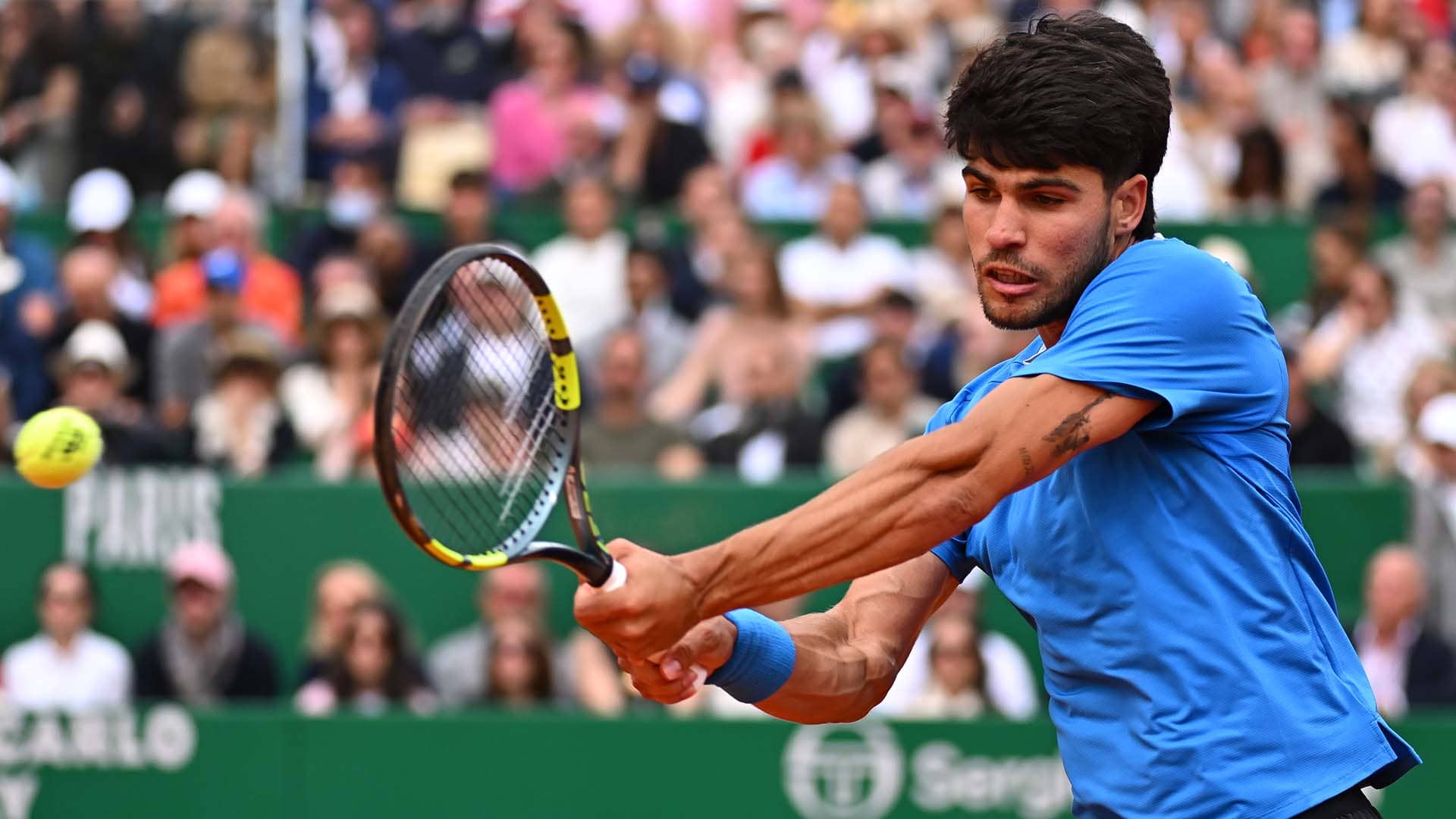 Carlos Alcaraz in action on Sunday during the Rolex Monte-Carlo Masters title match.