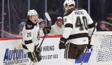 Andrew Cristall scores first professional hat trick, Ilya Protas explodes for six points in Hershey’s 8-1 blowout win over Hartford