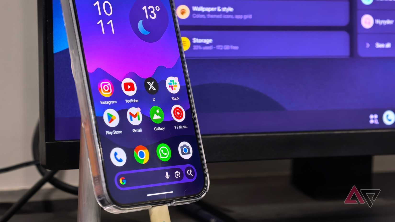 Close-up of Android home screen mirrored on desktop monitor