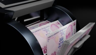 Illustration shows bundles of 200 Turkish lira banknotes being counted in a money-counting machine, date and time undisclosed. (Adobe Stock Photo)