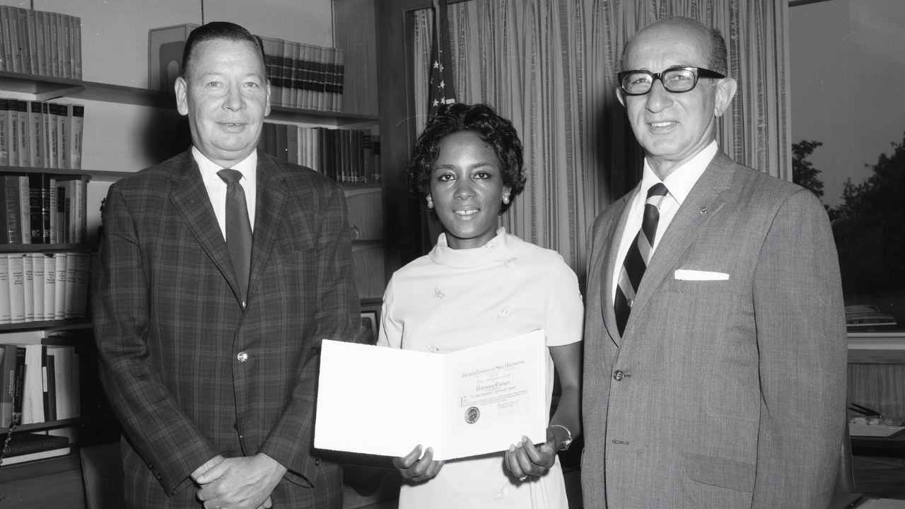 Annie Easley receives a Special Achievement Award from Henry Barnett and Gene Manganiello during a ceremony on 30 June 1970.