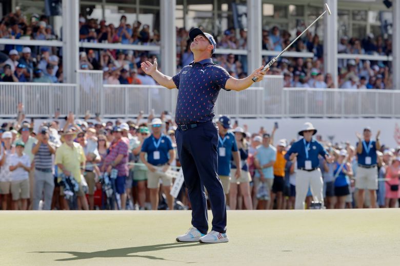 Gary Woodland celebrates after sinking his final putt on the 18th green to win the Houston Open last month.