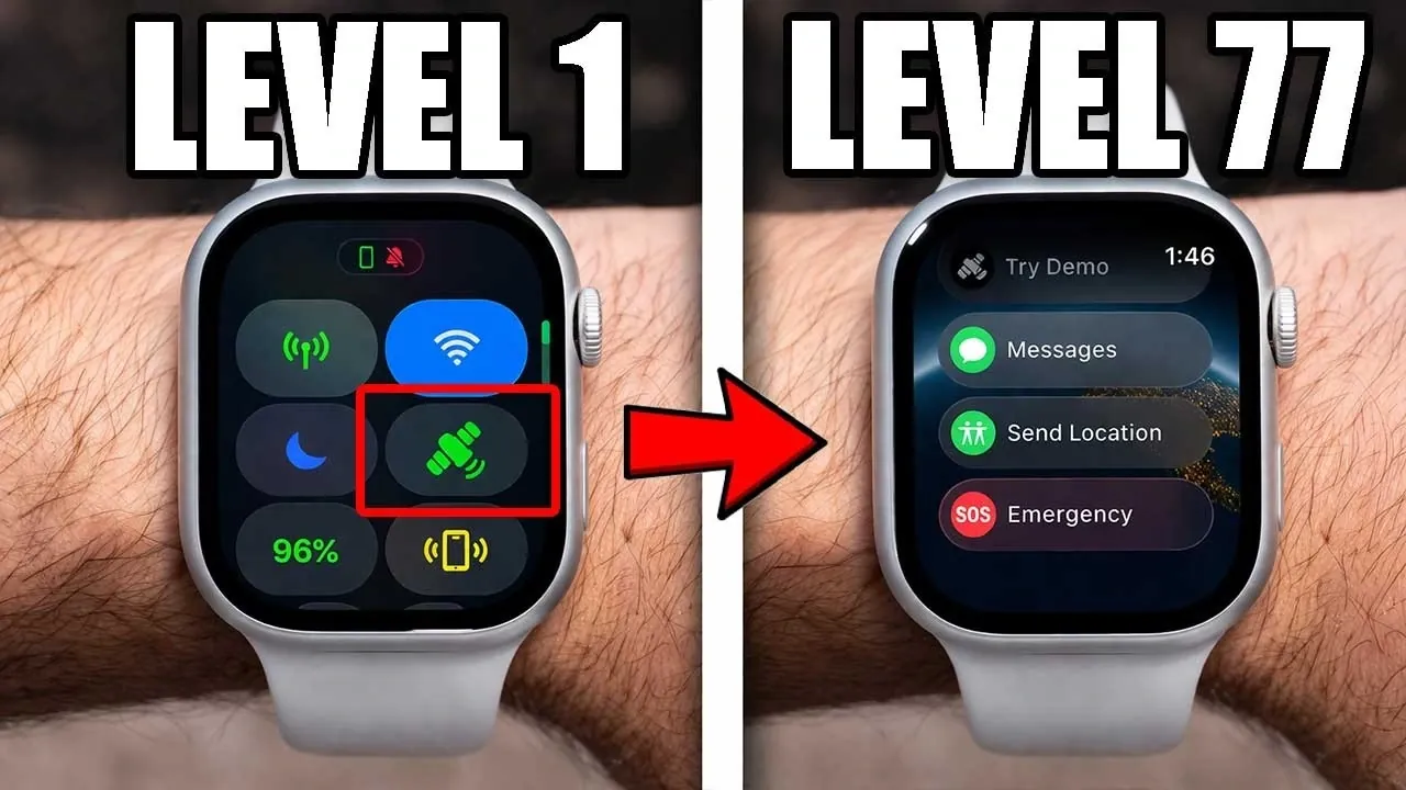 Close-up of Apple Watch showing Double Tap controls for scrolling and call actions without touching the screen.