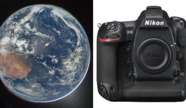 On the left, a view of Earth from space shows continents, oceans, and clouds. On the right, a black Nikon D5 DSLR camera is shown facing forward against a white background.