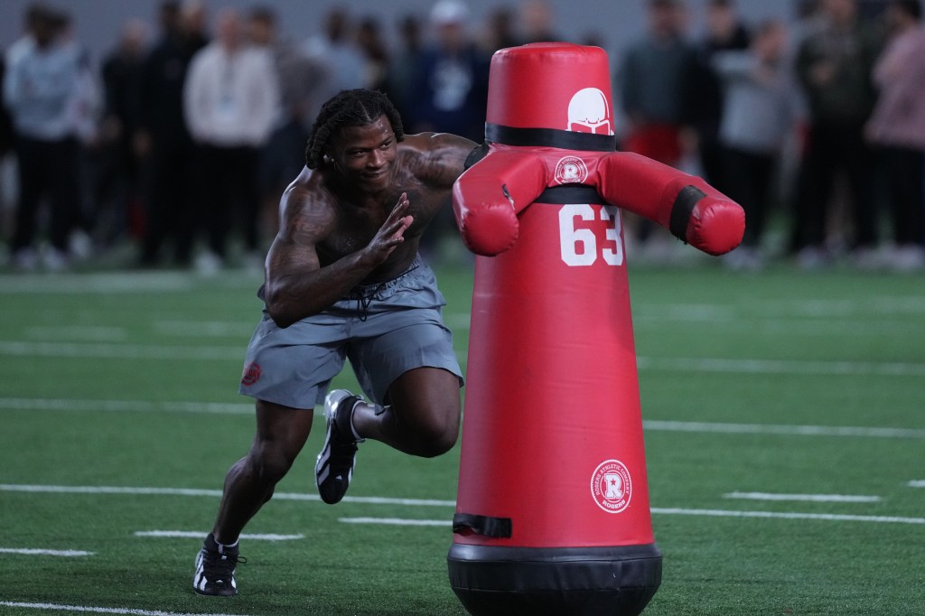 Arvell Reese of the Ohio State Buckeyes participating in drills during 2026 Ohio State Pro Day.