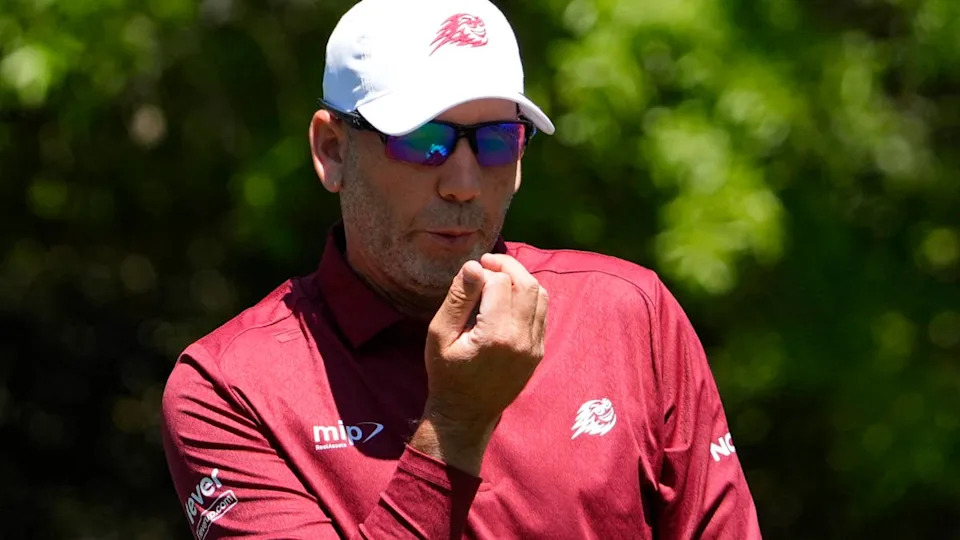 Sergio Garcia prepares to tee off on the fifth hole during the first round of the Masters Tournament. Katie Goodale-Imagn Images