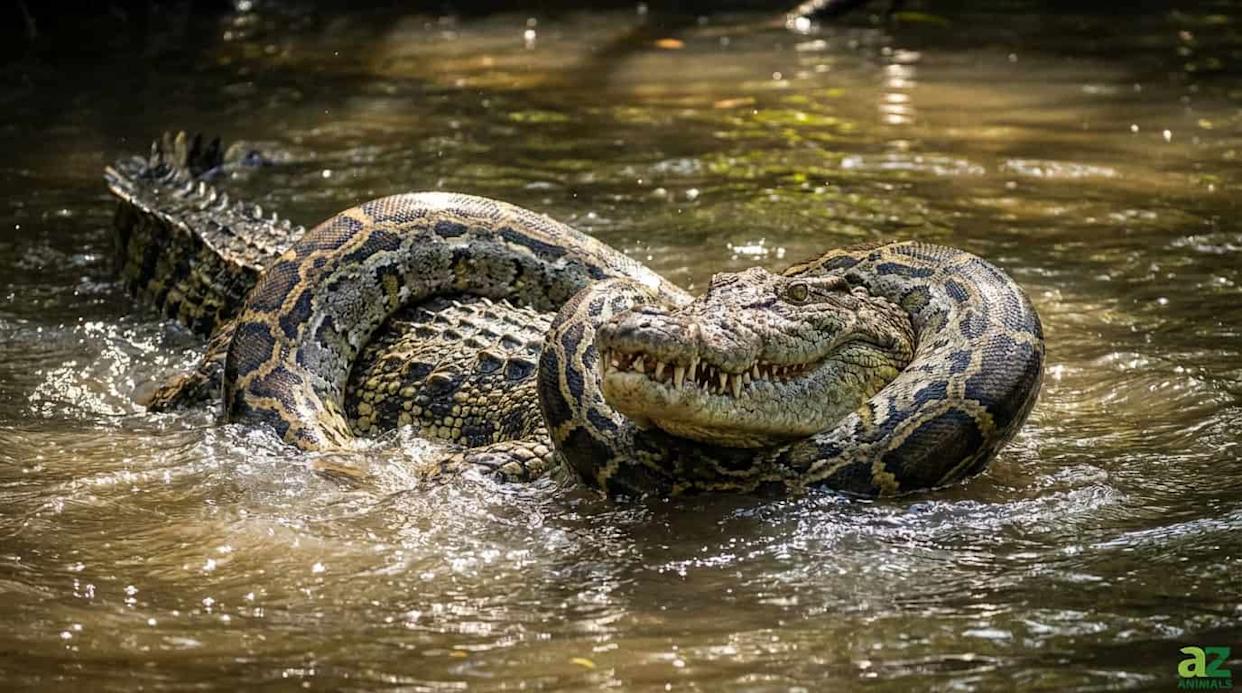 A massive Burmese python coils tightly around the armored body of a large crocodile during an intense struggle in a muddy river.