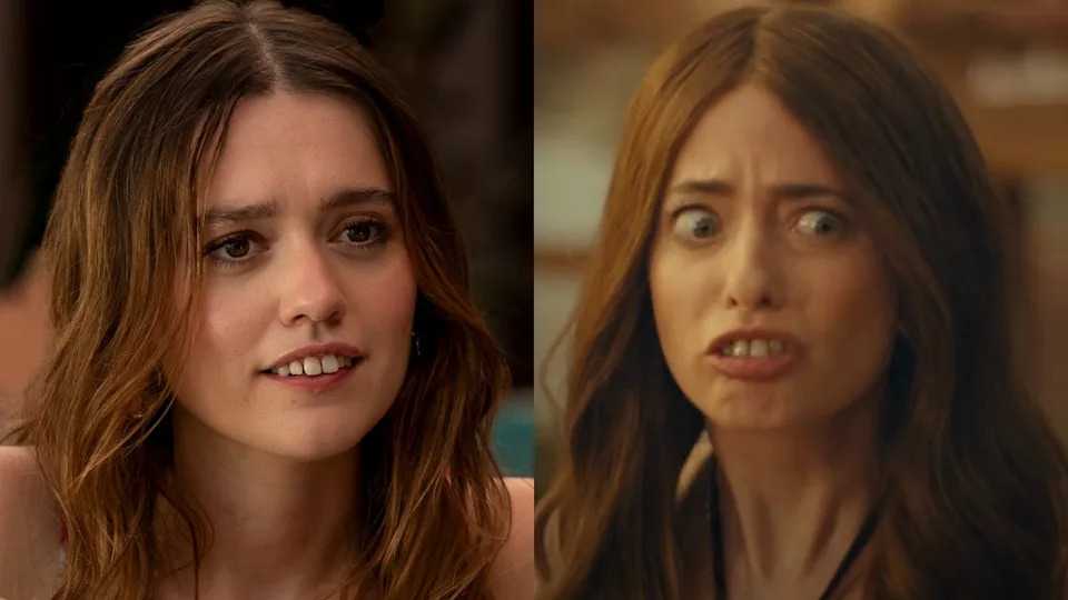 Chelsea (Aimee Lou Wood) has a conversation on The White Lotus, while a woman (Sarah Sherman) discusses fluoride on SNL's The White Potus.