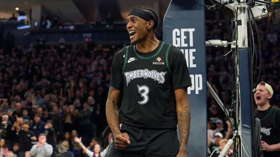 Minnesota Timberwolves forward <a class="link " href="https://sports.yahoo.com/nba/players/6420/" data-i13n="sec:content-canvas;subsec:anchor_text;elm:context_link" data-ylk="slk:Jaden McDaniels;sec:content-canvas;subsec:anchor_text;elm:context_link;itc:0" data-yga="{"yLinkElement":"context_link","yModuleName":"content-canvas","yLinkText":"Jaden McDaniels","ySubModuleName":"anchor_text","yHasCommerce":false}">Jaden McDaniels</a> (3)Matt Blewett-Imagn Images