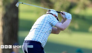 Robert MacIntyre reacts angrily at the 17th hole in round one of The Masters