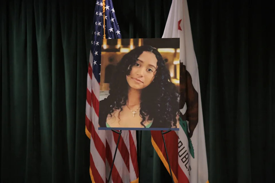 A photo of Celeste Rivas Hernandez is displayed before a press conference in Los Angeles on April 20.