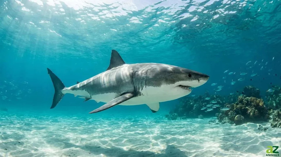 A great white shark swims underwater in clear blue water with sunlight streaming from the surface. Small fish and coral are visible in the background.