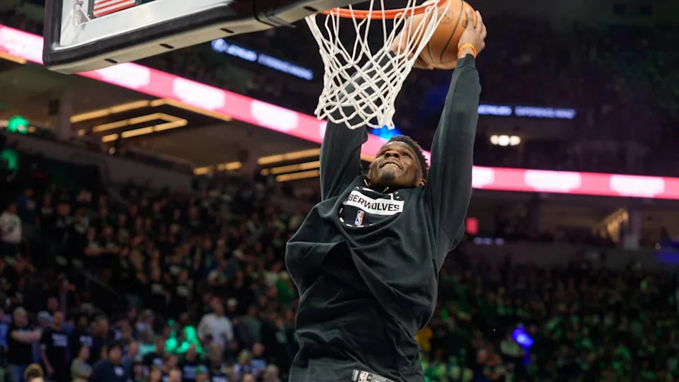 Minnesota Timberwolves guard Anthony Edwards (5) warms up before the game against the Denver Nuggets at Target Center.Matt Blewett-Imagn Images