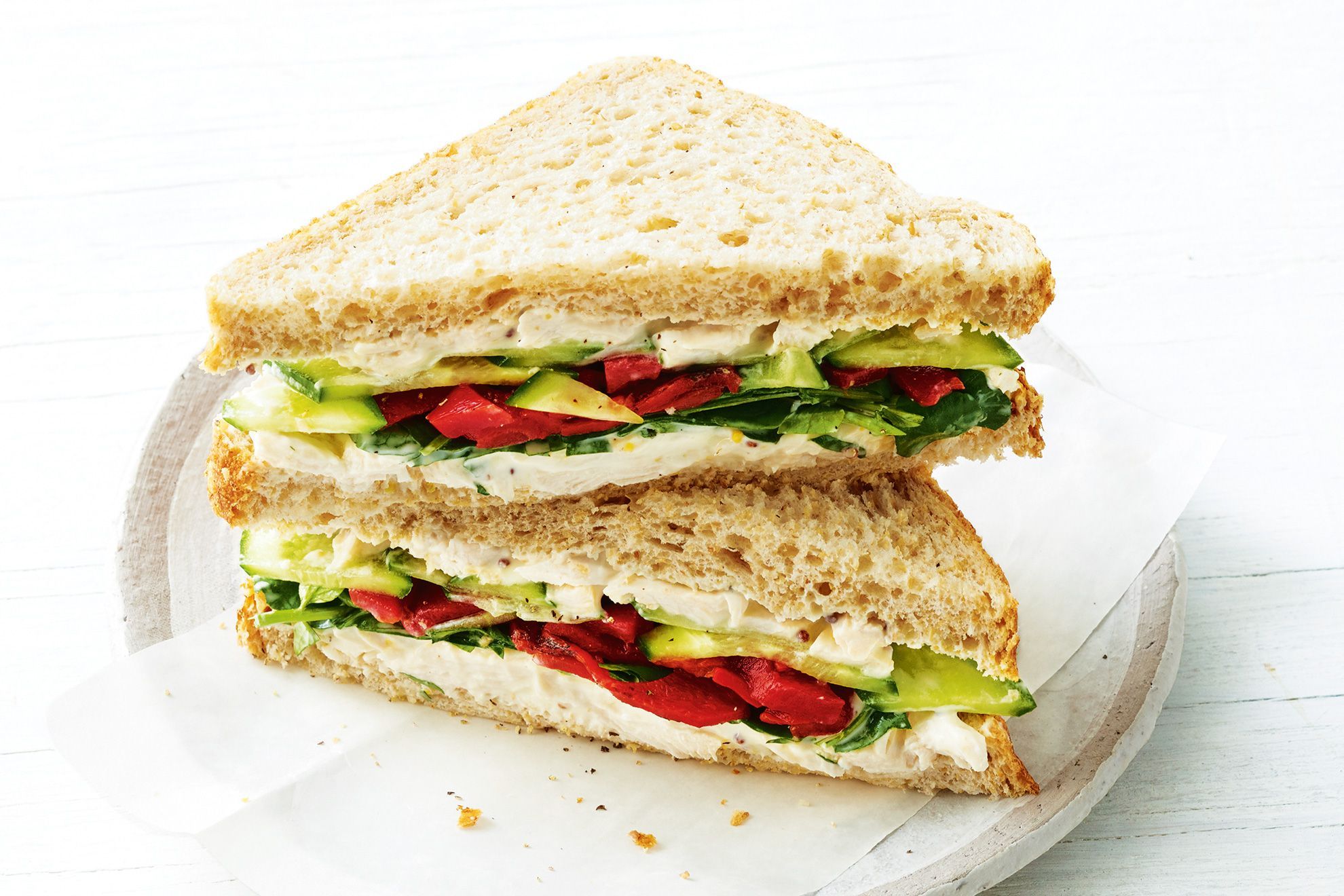 Chicken, mustard, watercress and roasted capsicum sandwich