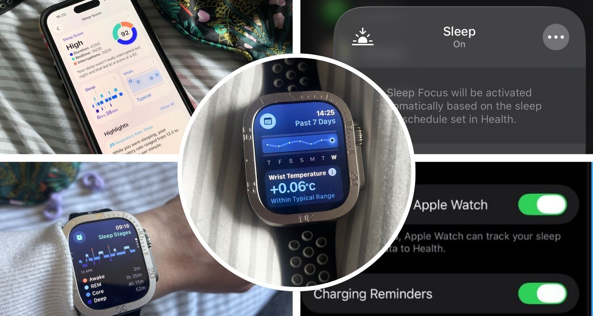 A collage of images showing the Apple Watch settings being used to track sleep accurately.