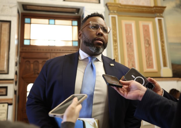 State Rep. Kam Buckner answers reporters' questions at the Illinois State Capitol on May 29, 2025, in Springfield. Buckner is leading the Bears stadium negotiations in the House. (John J. Kim/Chicago Tribune)