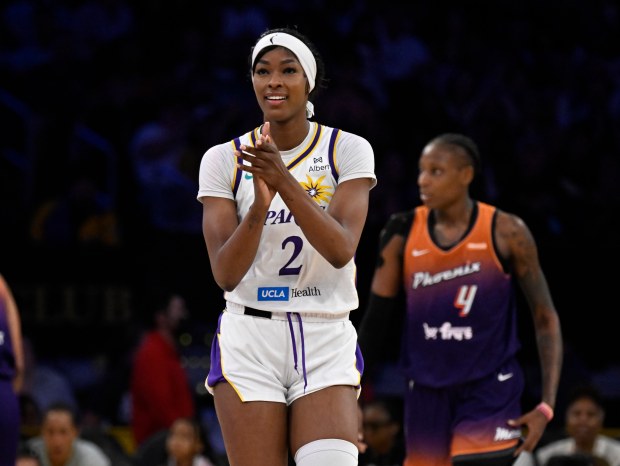 Sparks forward Rickea Jackson reacts after a basket against the Mercury on Aug. 26, 2025, in Los Angeles. (Keith Birmingham, Pasadena Star-News)