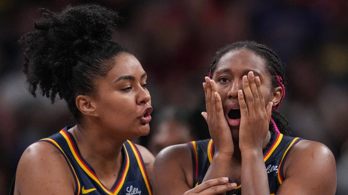 Indiana Fever forward Aliyah Boston (7) and Damiris Dantas (12) react during a game. © Grace Hollars&sol;IndyStar &sol; USA TODAY NETWORK via Imagn Images&NewLine;