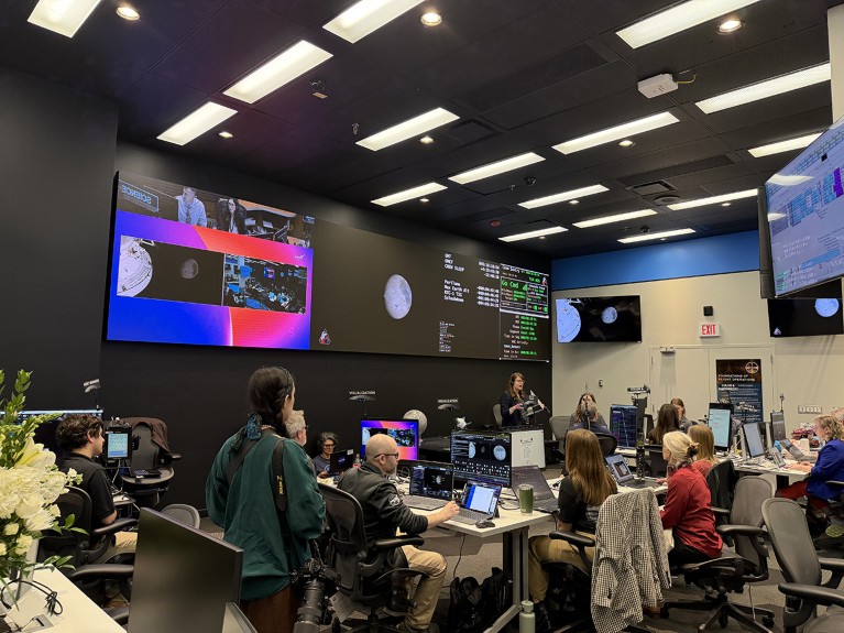 NASA staff and mission monitor screens in the Science Evaluation Room (SER) at the agency’s Johnson Space Center in Houston during the Artemis II mission on April 6, 2026.