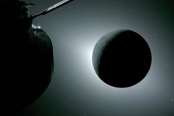 The moon, seen here backlit by the sun during a solar eclipse on April 6, 2026, as photographed by one of the cameras on the Orion spacecraft’s solar array wings.