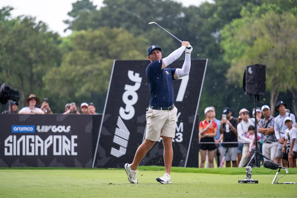 SINGAPORE, SINGAPORE - MARCH 15: Bryson DeChambeau of Crushers GC tees off on hole 17 during day four of LIV Golf Singapore at Sentosa Golf Club on March 15, 2026 in Singapore. (Photo by Jason Butler/Getty Images)