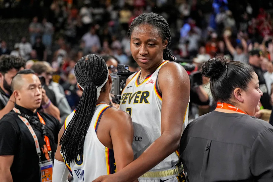 Indiana Fever forward Aliyah Boston reacts after defeating the Atlanta DreamDale Zanine-Imagn Images