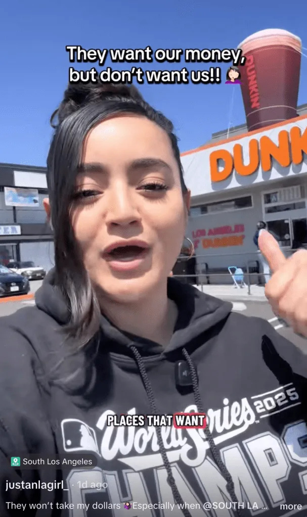“They done put a Dunkin’ Donuts in the hood,” the influencer says. “No indoor seating, of course.” TikTok/@justanlagirl_