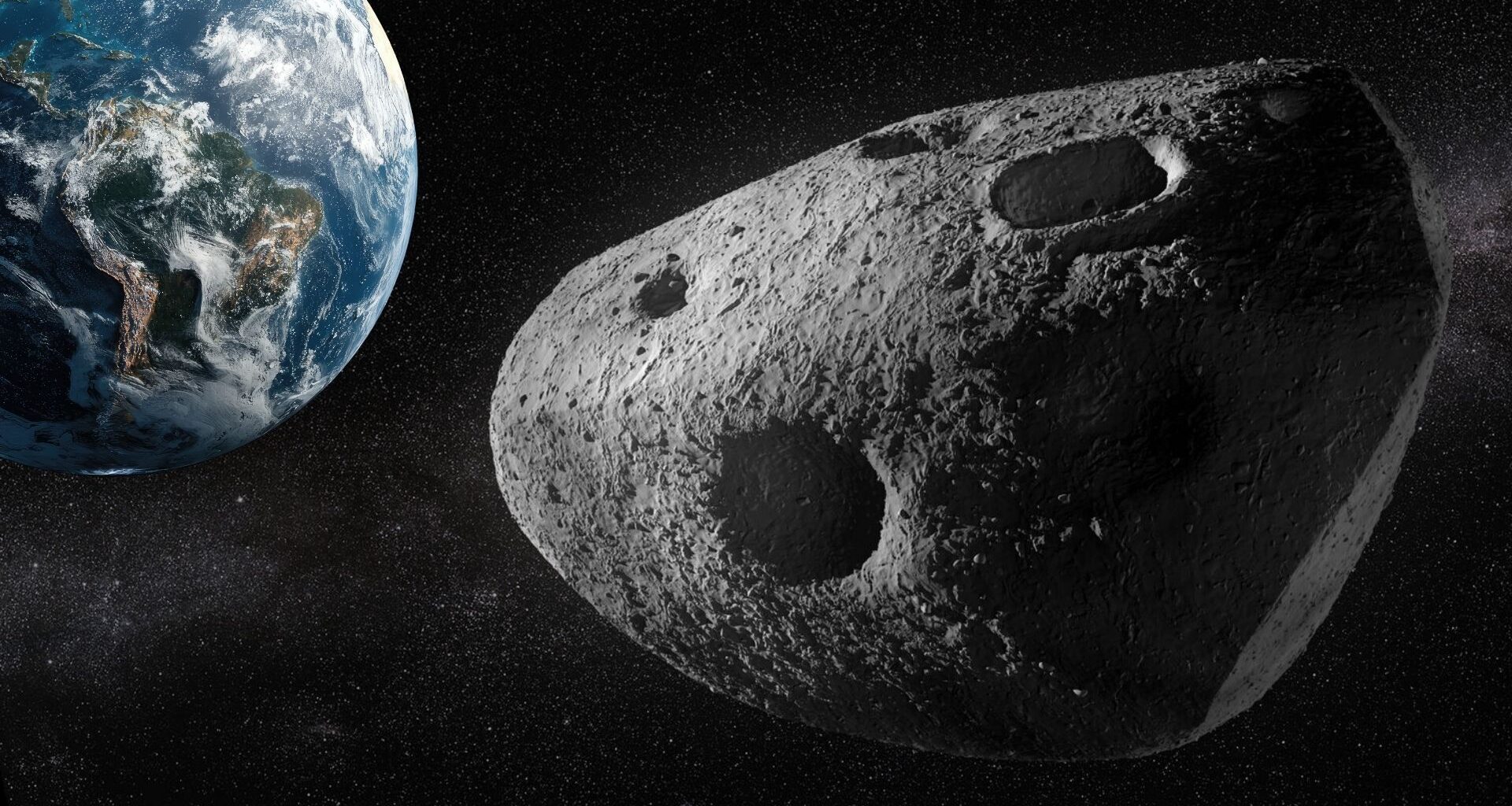 artist's illustration of asteroid apophis, it looks like a giant grey potato, earth is in the upper left corner of the image.