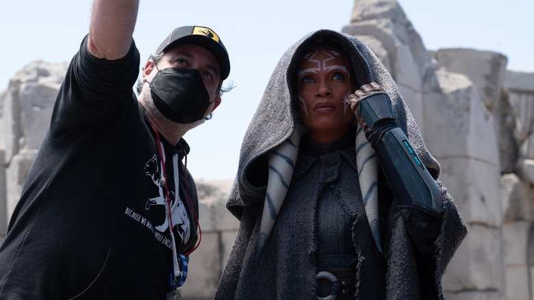 Dave Filoni directing Rosario Dawson as Ahsoka Tano behind the scenes of Ahsoka season 1