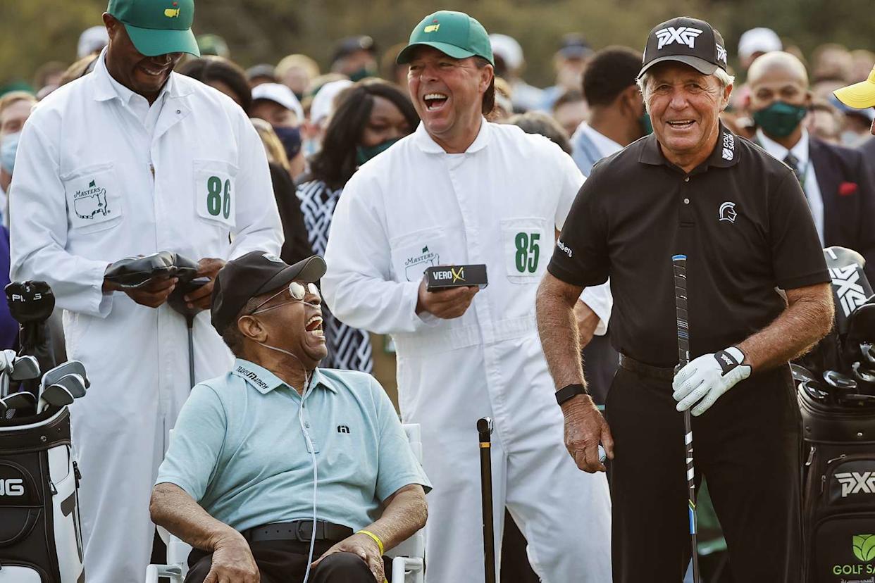 Honorary Starter Lee Elder, Wayne Gary, Masters champion Gary Player of South Africa and Masters champion Jack Nicklaus share a moment during the first tee ceremony before Round 1 of the 2021 Masters.Credit: Augusta National via Getty