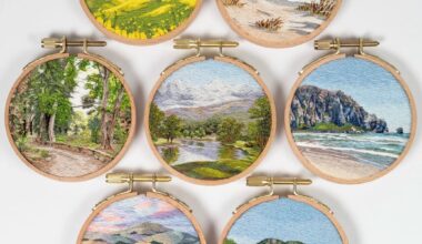 a collection of lush landscape embroideries in light wood hoops by Cassandra Dias