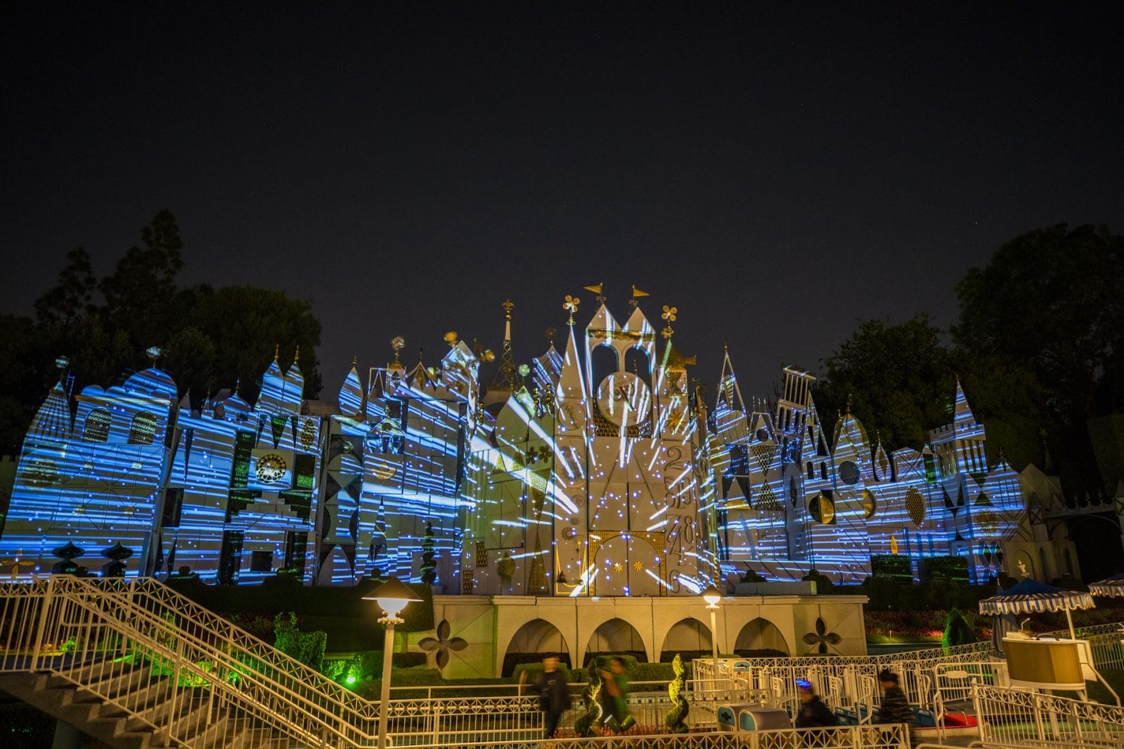 Disneyland's "it's a small world" lit up to look like hyperspace travel.
