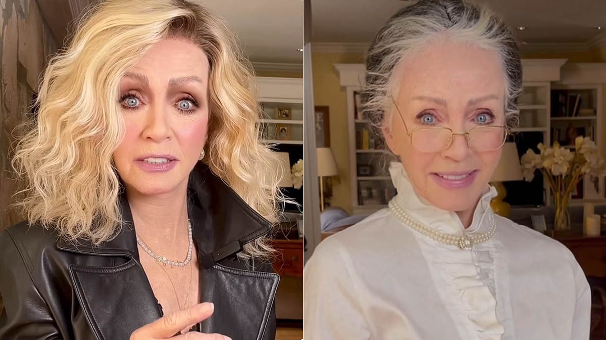 A split of Donna and Donna as a stereotypical elderly woman