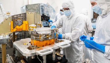 scientists in white suits and gloves work on space technology in a lab
