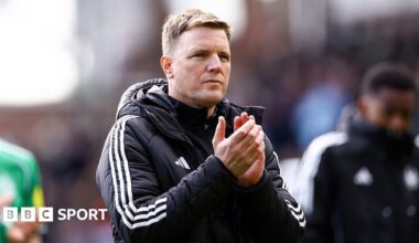 Newcastle United head coach Eddie Howe faces the away end after the game against Crystal Palace at Selhurst Park on 12 April, 2026