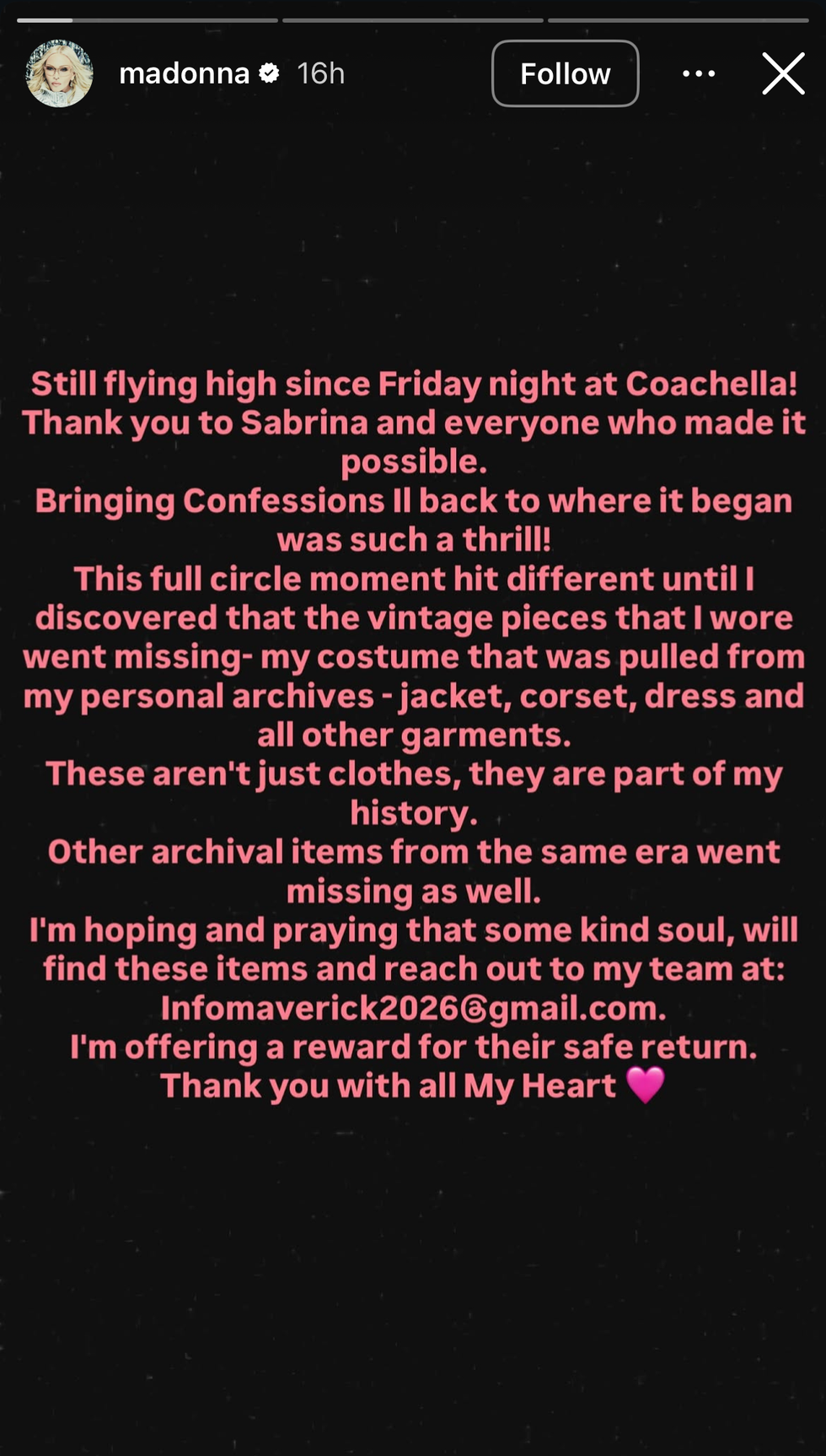 Madonna's Instagram Story about the performance. Madonna's Instagram Story about the performance.