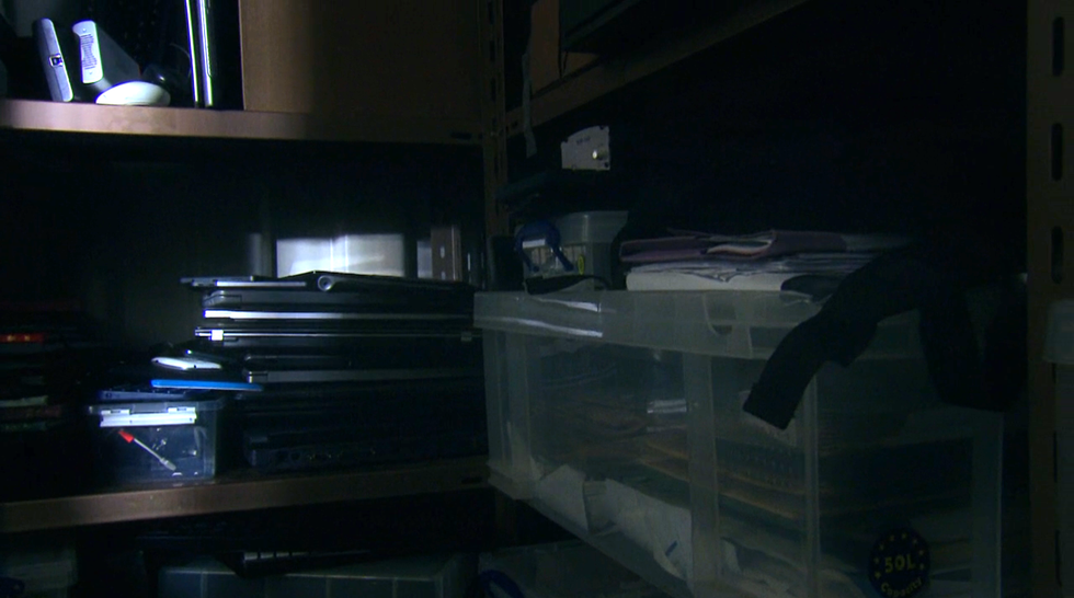 interior view of a storage area with various items
