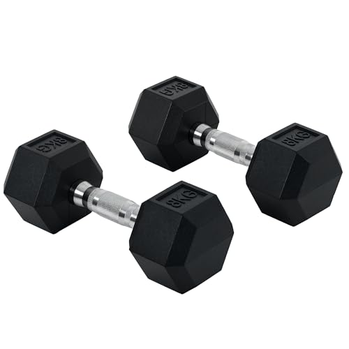 Homcom 2x8kg Rubber Hex Dumbbell Set Anti-Rolling Free Weights Dumbbells Pair With Knurled Grip for Home Gym Strength Training Exercise