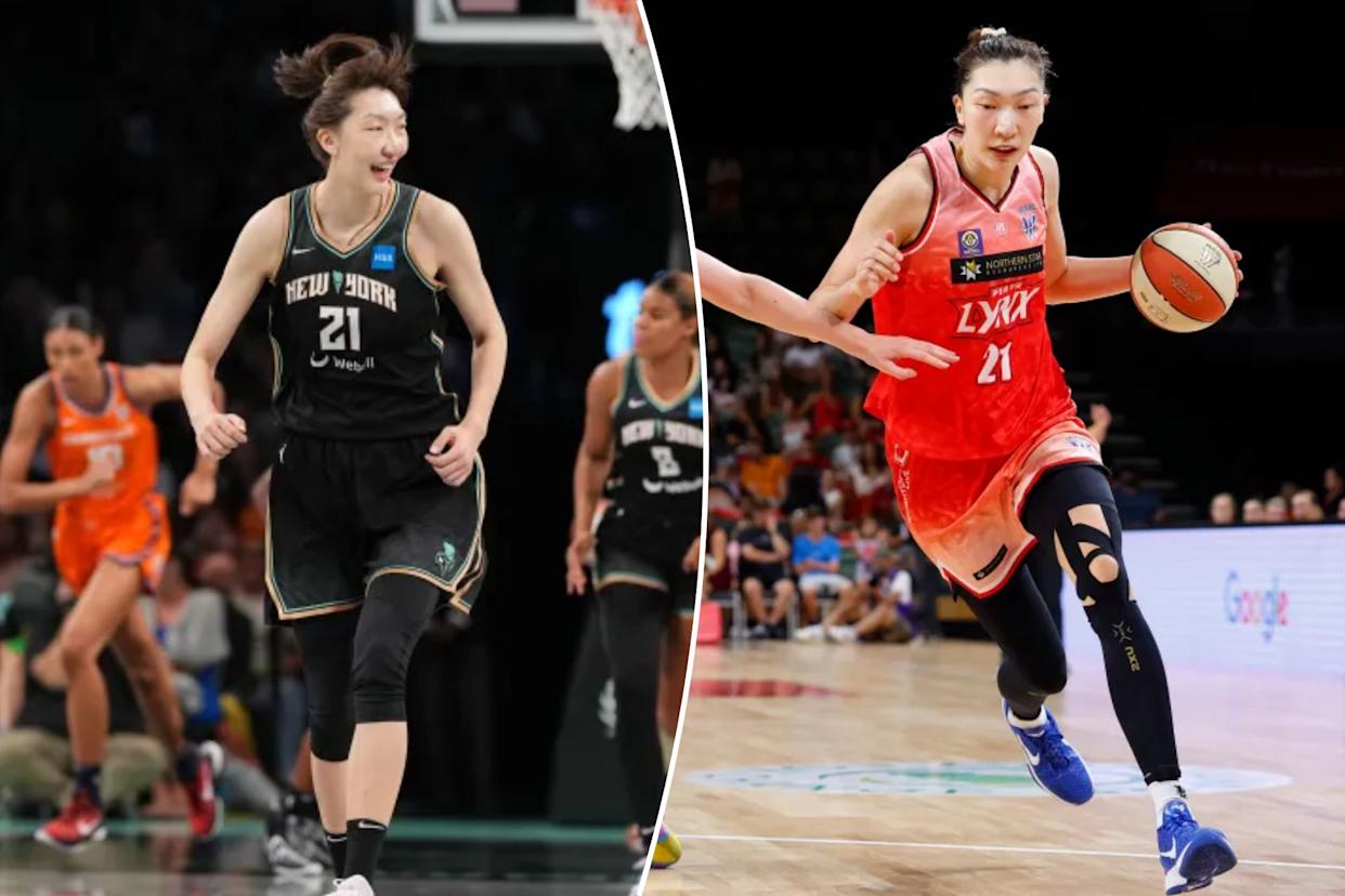 An image collage containing 2 images, Image 1 shows New York Liberty player Han Xu in a black uniform smiling while playing against Connecticut Sun, Image 2 shows A basketball player in a red jersey with the number 21 and 
