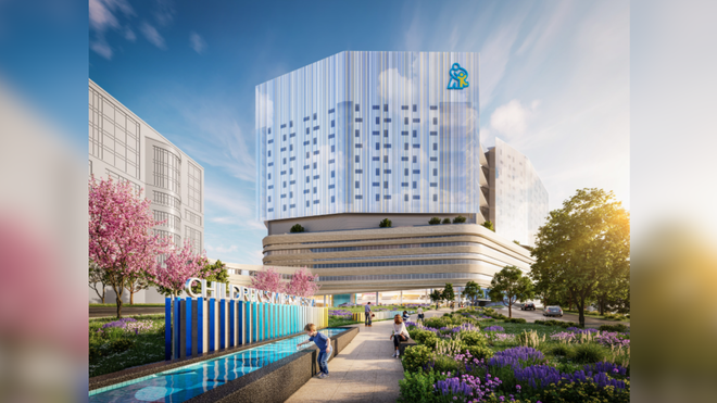 A rendering of the planned acute care tower at Children's Mercy Hospital is shown. This $1 billion expansion was announced in April 2026.