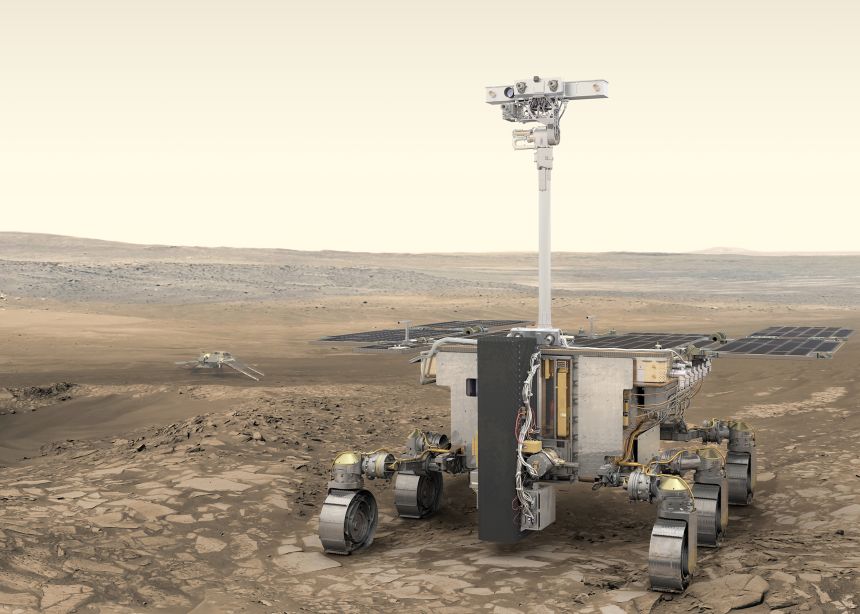 An artist’s impression of ESA’s upcoming Rosalind Franklin rover, part of the ExoMars mission, expected to launch in 2028.