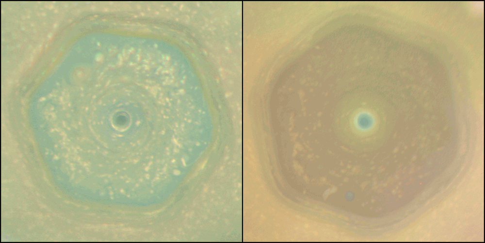 Side-by-side view of Saturn’s north pole showing its hexagonal storm, with the left image appearing brighter and clearer than the right.
