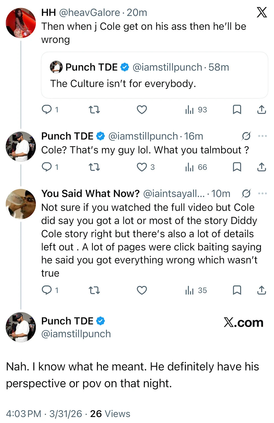 A Twitter conversation discussing J. Cole and Punch TDE, with users debating a story involving Diddy.