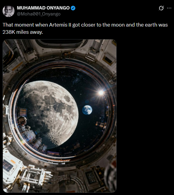 AI-generated image of moon visible out of a spaceship's circular window. The earth is somewhat distantly visible back and to the right of the window's view, and the sun can be seen at the right-most edge