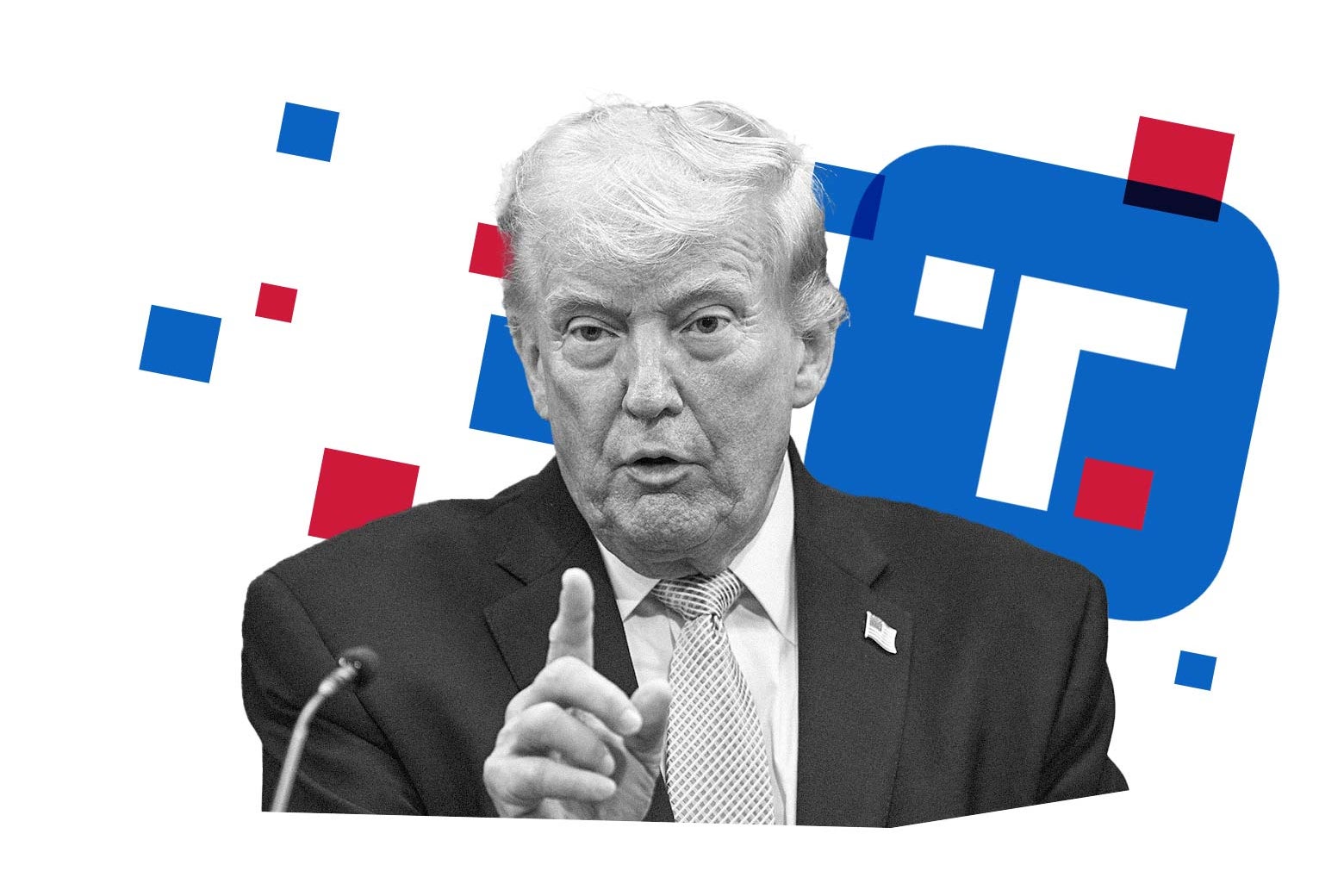 Donald Trump speaking at a microphone and pointing with one finger.