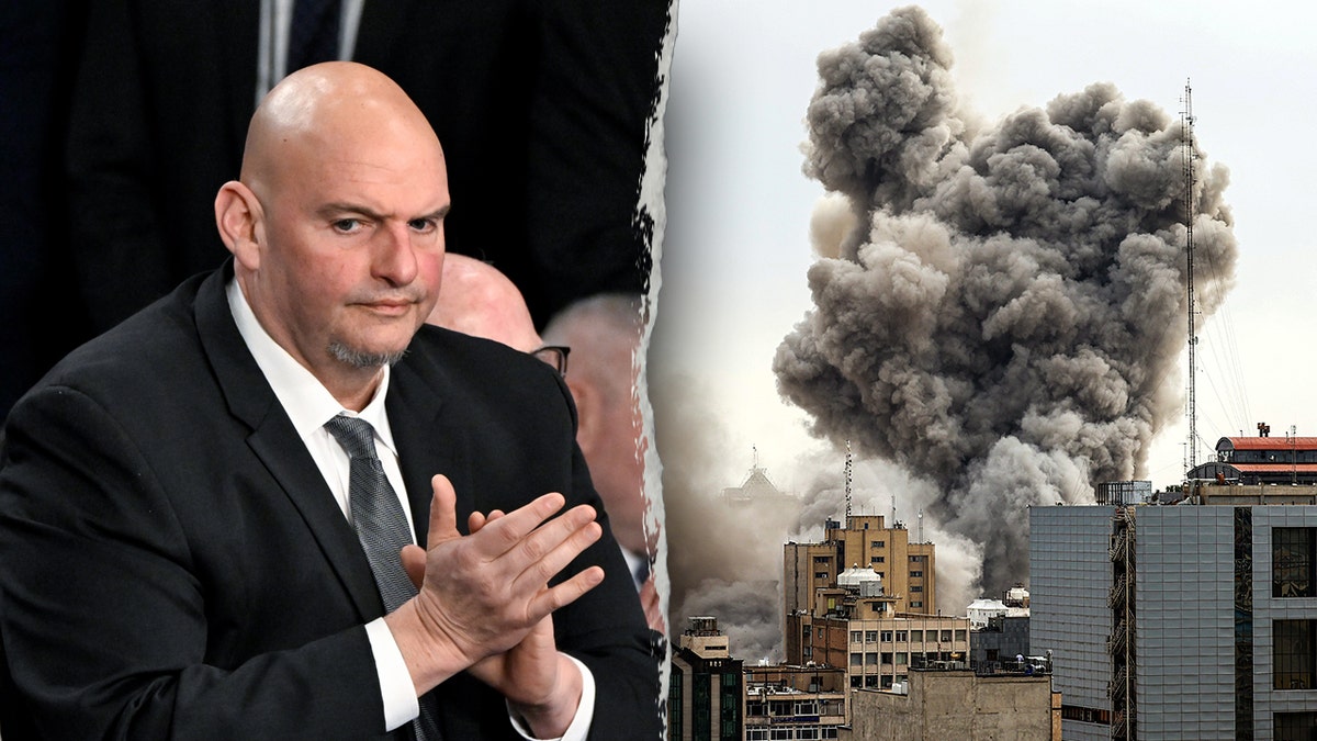 Sen. John Fetterman speaking at an event and a strike scene in Tehran Iran