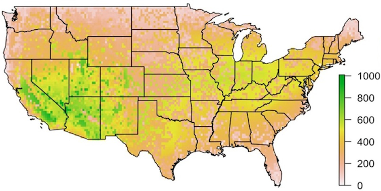 A map shows bee species everywhere, but the most species in the Southwest and Midwest.