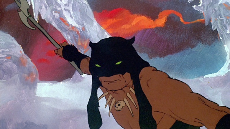 Darkwolf, voiced and performed by Steve Sandor, brandishes a battle axe in Fire and Ice